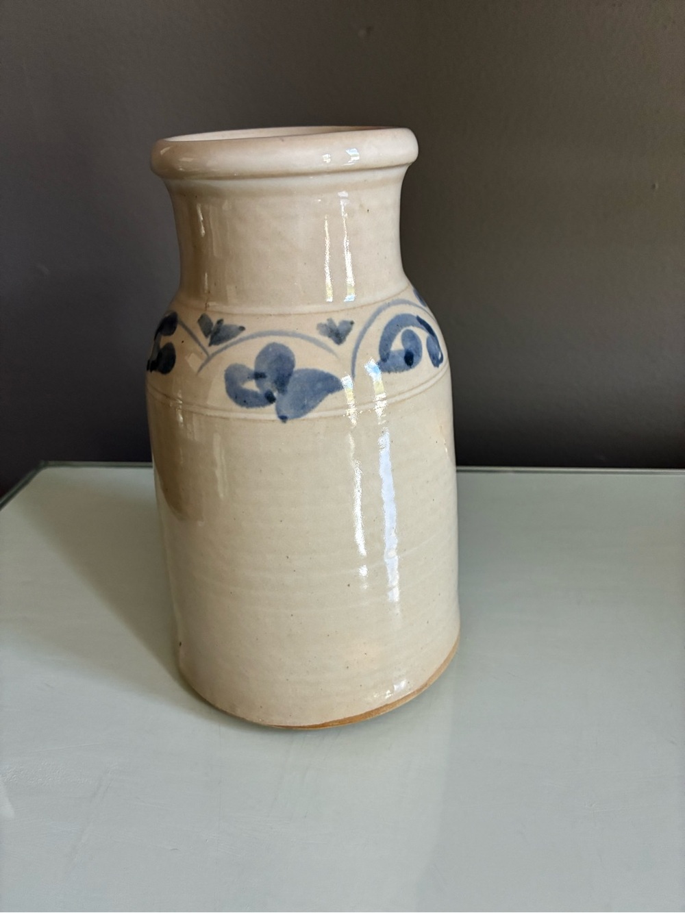 Cream Ceramic Stoneware Pitcher Vase with Blue Floral Band